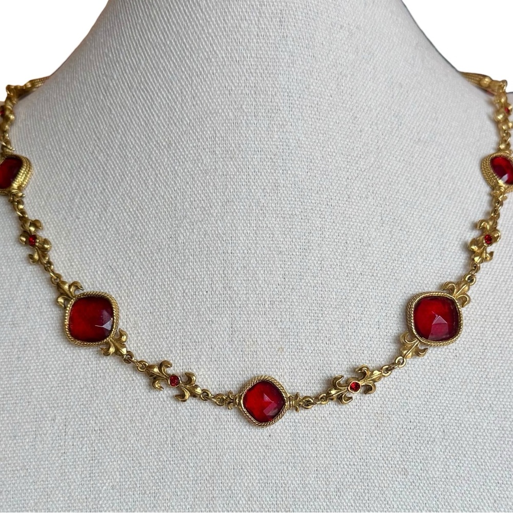 New York & Company Gold Tone fleur-de-lis Red Station Necklace Baroque Style